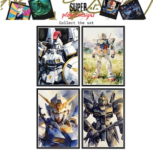 A "Collect the set" product matrix showcasing four distinct concept art prints in black frames. The collection features watercolor portraits of the Tallgeese, Wing Gundam, RX-78-2, and deathscythe gundam, making it an ideal showcase for a custom deathscythe gundam playmat or multi-print gallery.