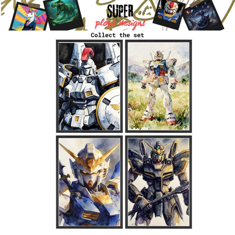 A "Collect the set" product matrix showcasing four distinct concept art prints in black frames. The collection features watercolor portraits of the Tallgeese, Wing Gundam, RX-78-2, and deathscythe gundam, making it an ideal showcase for a custom deathscythe gundam playmat or multi-print gallery.