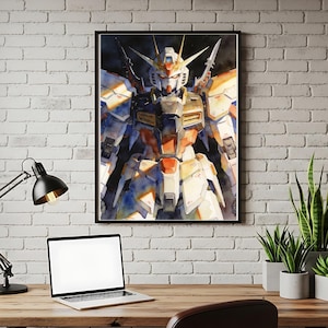 A professional home office workspace with a framed Deathscythe mobile suit gundam wing wallpaper on a white brick wall. The gundam wallpapers hd wallpaper 4k pc art is positioned above a wooden desk with a laptop and plants, creating a calm and focused creative environment.