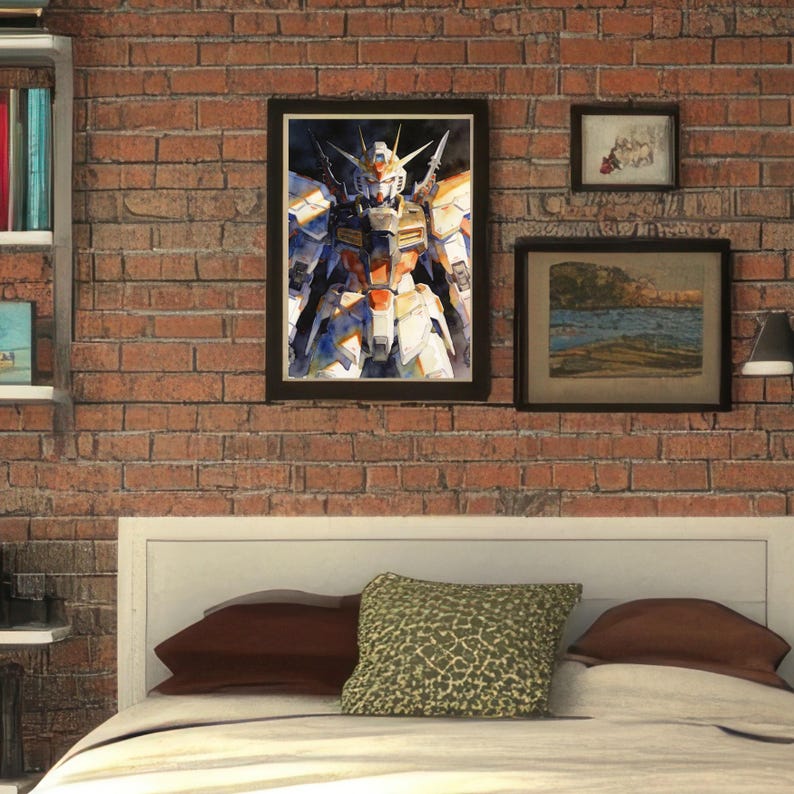 A framed mobile suit gundam wing wallpaper featuring Deathscythe hanging on an exposed red brick wall in a cozy bedroom setting. The gundam wallpapers hd wallpaper 4k watercolor art adds a touch of "quiet magic" and luxury to the space above a modern white bed frame.