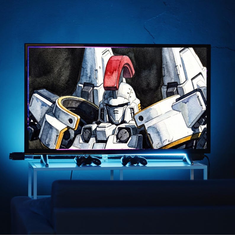 A large living room television screen displaying a high-definition, wide-format mobile suit gundam wing wallpaper portrait of the Tallgeese mecha. Enhanced by a cool blue LED backdrop behind the media console, it provides premium ambient workspace and entertainment center inspiration.