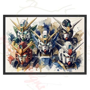 Könnte beinhalten: Aquarelldruck mit sechs Roboterköpfen mit detaillierten Designs und leuchtenden Farben. Die Roboter haben verschiedene Farbschemata, darunter Rot, Blau, Grün und Weiß, mit Gold- und Schwarzakzenten. Das Kunstwerk ist in einem schwarzen Rahmen eingefasst.