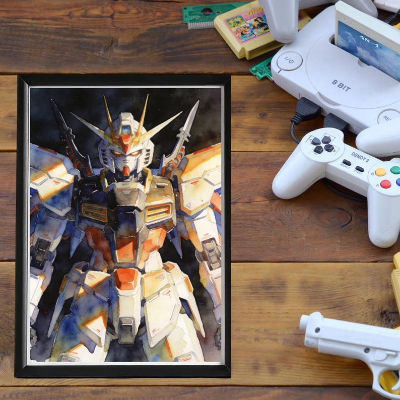 A framed watercolor art print of the Deathscythe mobile suit, piloted by Duo Maxwell, displayed on a rustic wooden table surrounded by retro 80s and 90s gaming consoles and cartridges. This high-quality mobile suit gundam wing wallpaper aesthetic combines nostalgic gaming culture with vibrant gundam wallpapers hd wallpaper 4k art.