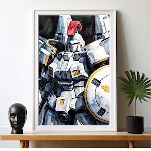 A large white-framed robot art print of the tallgeese gundam sitting gracefully on a light wood console table. Accompanied by a minimalist black head sculpture and a potted palm leaf, this mockup highlights how a mobile suit gundam wing wallpaper concept translates into elegant home staging.