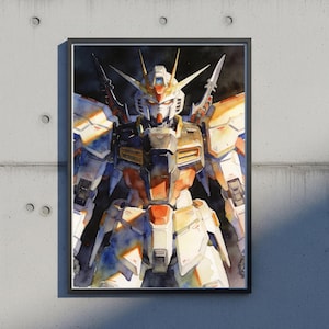A large black-framed watercolor print of the Deathscythe Gundam mounted on a minimalist concrete wall. This high-contrast mobile suit gundam wing wallpaper highlights the intricate armor of the unit piloted by Duo Maxwell, serving as a bold gundam wallpapers hd wallpaper 4k.
