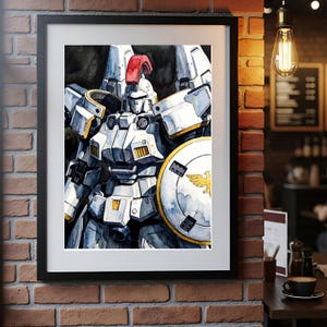A large black-framed tallgeese gundam watercolor robot art print mounted on a textured red brick wall in a cozy cafe or loft environment. Illuminated by a warm hanging Edison bulb near a table with a coffee cup, this layout perfectly styles the bandai mecha design as sophisticated urban art.