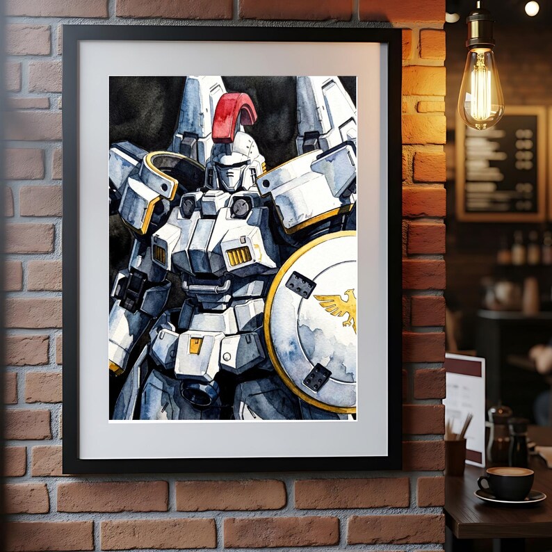 A large black-framed tallgeese gundam watercolor robot art print mounted on a textured red brick wall in a cozy cafe or loft environment. Illuminated by a warm hanging Edison bulb near a table with a coffee cup, this layout perfectly styles the bandai mecha design as sophisticated urban art.