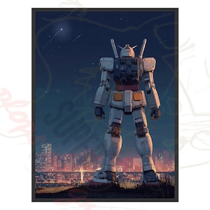 May include: Illustration of a large, white and gray robot standing on a hill overlooking a city at night. The robot has orange and black accents. The night sky has stars and a shooting star.