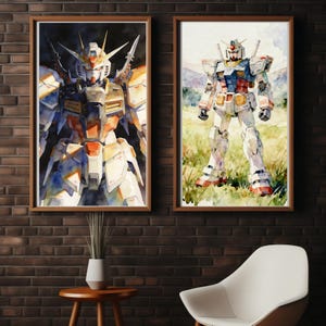 Two large framed watercolor prints mounted on a dark brick wall. The left frame features a detailed Deathscythe mobile suit gundam wing wallpaper, while the right shows the RX-78-2. Both pieces represent high-quality gundam wallpapers hd wallpaper 4k for a sophisticated collector.