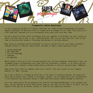 A customer service graphic listing FAQs for SuperPlopsDesigns. It covers topics such as digital download format, included file sizes (4K to HD), printing recommendations for professional results, and usage policies.