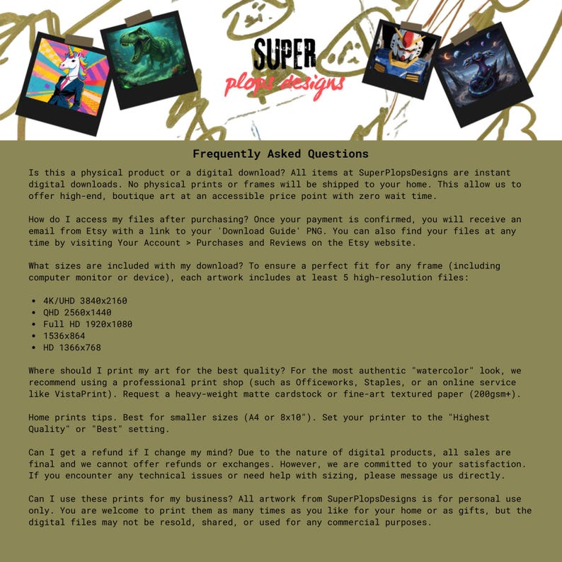 A customer service graphic listing FAQs for SuperPlopsDesigns. It covers topics such as digital download format, included file sizes (4K to HD), printing recommendations for professional results, and usage policies.