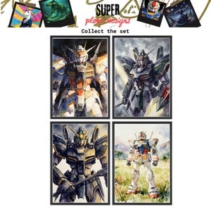A "Collect the set" collage featuring four distinct gundam wallpapers hd wallpaper 4k watercolor prints. The collection includes the Deathscythe piloted by Duo Maxwell and the RX-78-2, demonstrating various mobile suit gundam wing wallpaper designs in elegant black frames.