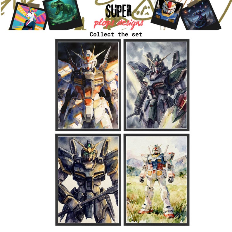 A "Collect the set" collage featuring four distinct gundam wallpapers hd wallpaper 4k watercolor prints. The collection includes the Deathscythe piloted by Duo Maxwell and the RX-78-2, demonstrating various mobile suit gundam wing wallpaper designs in elegant black frames.