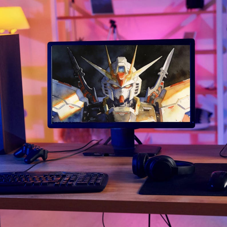 A high-performance gaming PC setup featuring a monitor displaying a vibrant mobile suit gundam wing wallpaper of the Deathscythe. This gundam wallpapers hd wallpaper 4k pc environment is complete with a mechanical keyboard and headset, perfect for fans of Duo Maxwell.