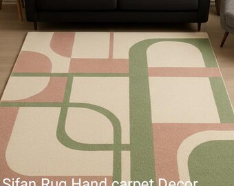 GiftsMid Century Modern and Geometric while specifying the trending colors Pink Green and white  Living room Decor