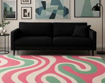 Luxury Hand Tufted Wool Abstract Area Rug, Pink Sage Green Cream Modern Wavy Carpet, Contemporary Living Room Rug, Custom Size 8 x 10