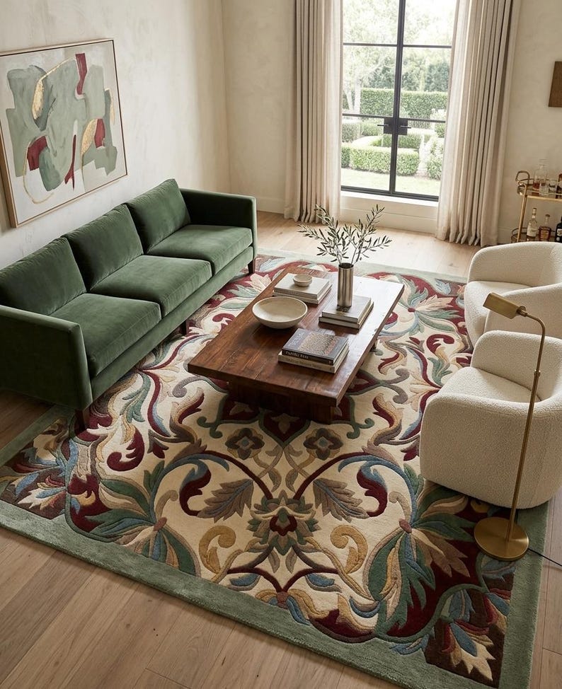 Luxury Floral Hand Tufted Wool Rug Sage Green Beige Area Rug ...
