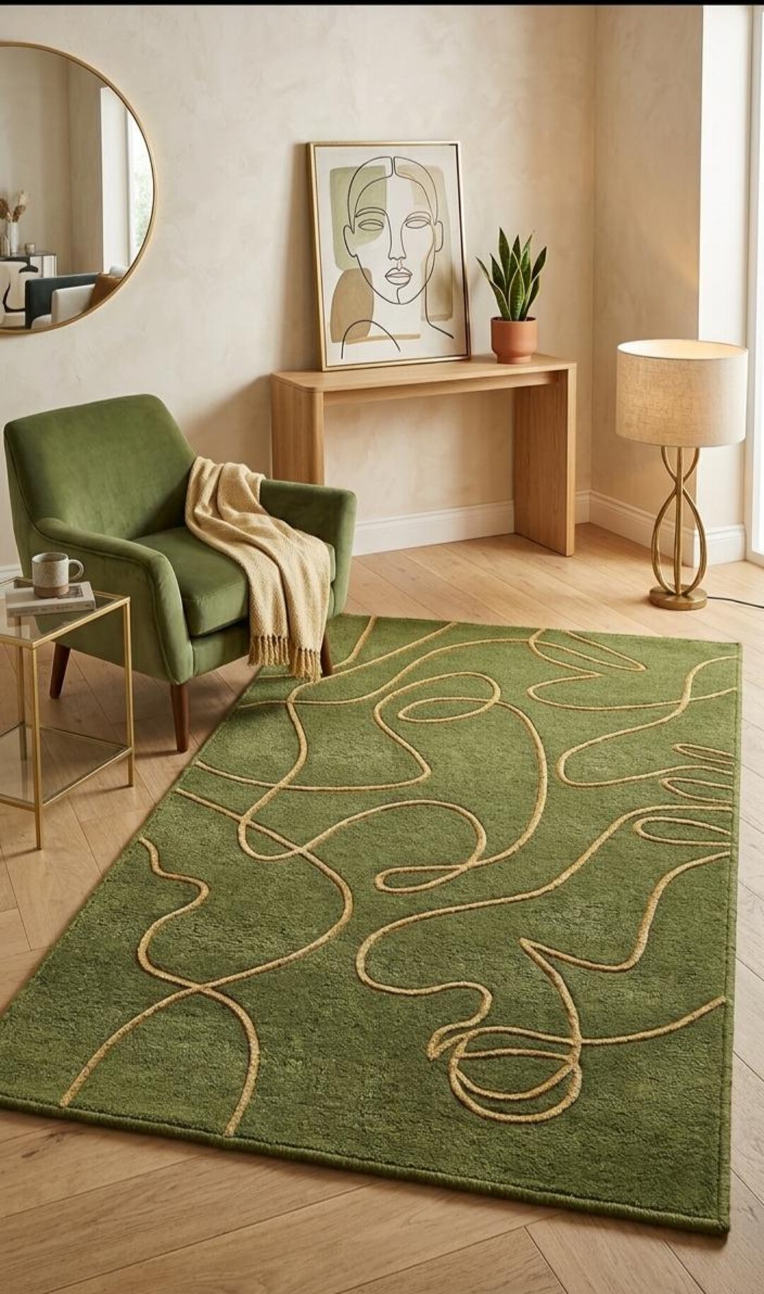 Sage Green Hand Tufted Rug, Contemporary Continuous Line Art Carpet ...