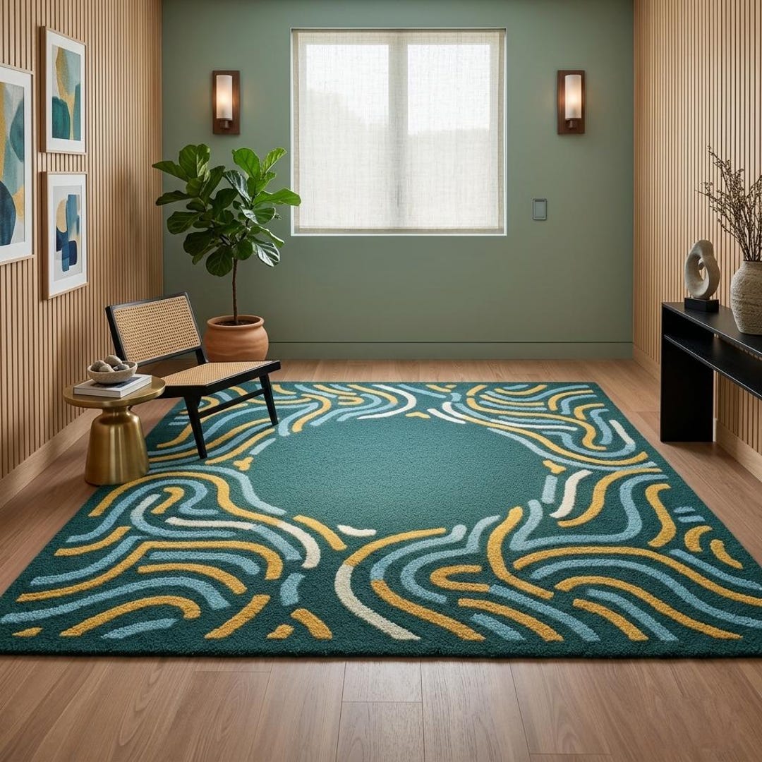 Luxury Abstract Hand Tufted Wool Area Rug Modern Teal & Ochre 3D ...
