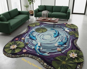 Luxus Hand getuftet Koi Fischteich Teppich handgemachter Wollteppich unregelmäßige Form Teppich Seerosenblatt Floral Design moderne künstlerische Wohnzimmer Dekor