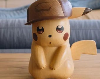 Wooden Pikachu Figure, Handmade Anime Decor, Cute Wood Figurine, Home Desk Decoration, Unique Gift for Anime Lovers