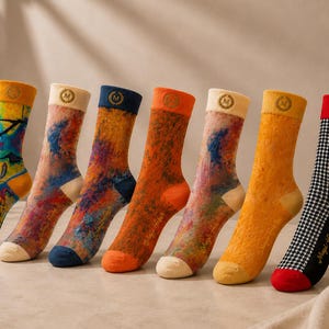 May include: A collection of colorful socks with various patterns and designs. Each sock features a different color scheme, including blue, orange, and yellow, with a contrasting cuff and toe. The socks are arranged in a row, showcasing their unique patterns.