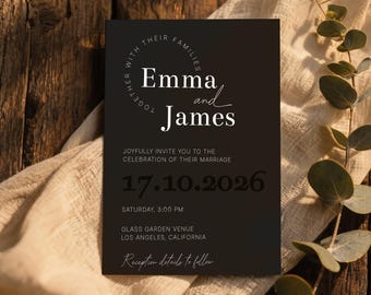 Bearbeitbare Schwarz-Weiß-Hochzeitseinladungsvorlage | Minimalist Modern Einladen | Templett | Druckbare Einfache Hochzeit Vorlage | Sofort-Download