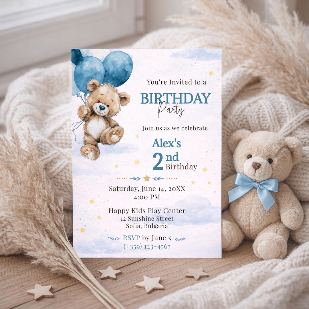 Blue Teddy Bear Birthday Invitation Template | Editable Baby Boy ...