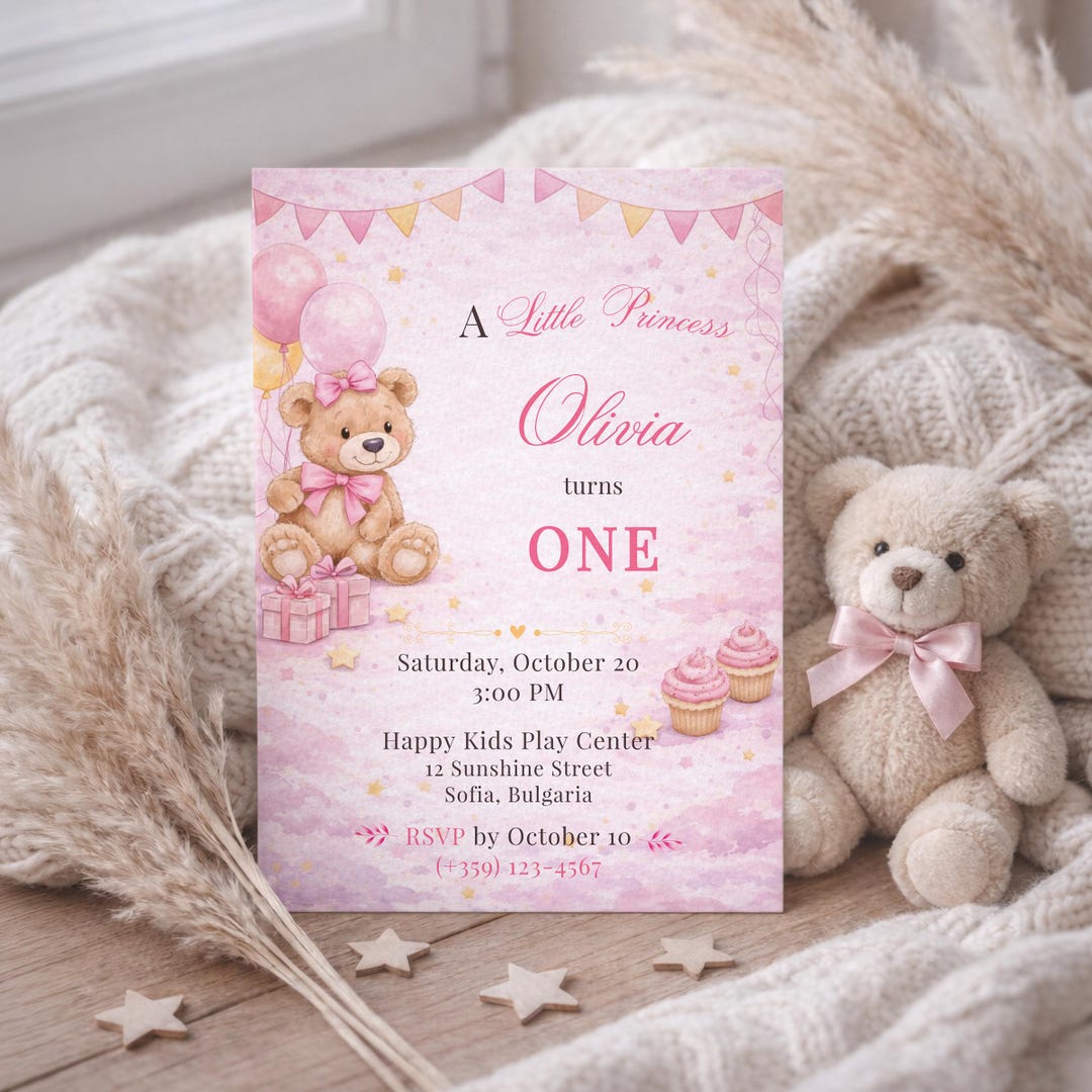 Pink Teddy Bear Birthday Invitation Template | Editable Baby Girl ...