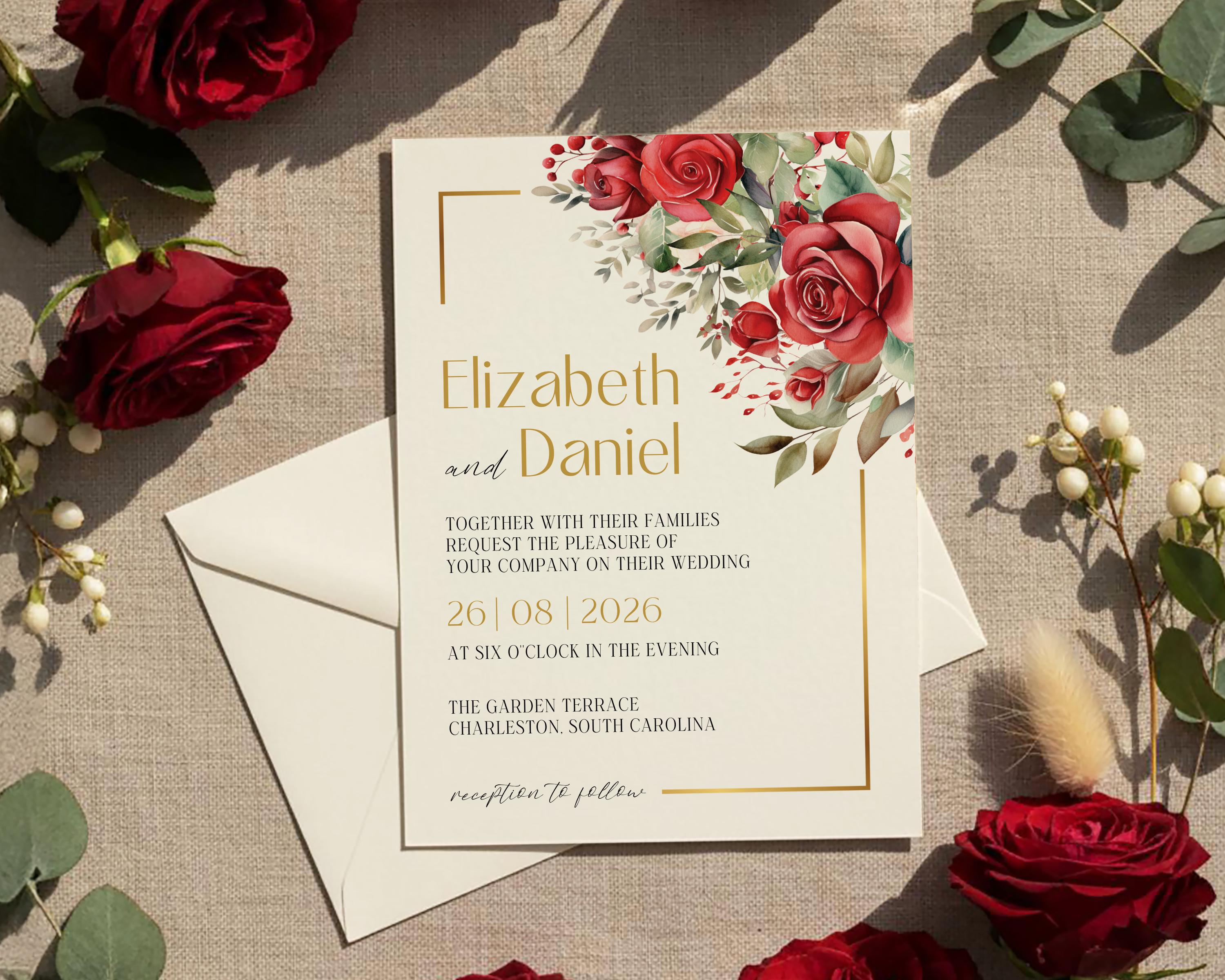 Invit Rose Editable Red Roses Wedding Invitation Template | Romantic Classic ...