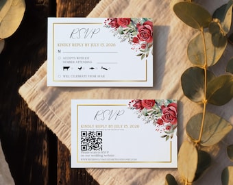 May include: Two white RSVP cards with gold borders and floral accents of red roses and green leaves. The cards include the text "RSVP", "Kindly reply by July 15, 2026", and a QR code.