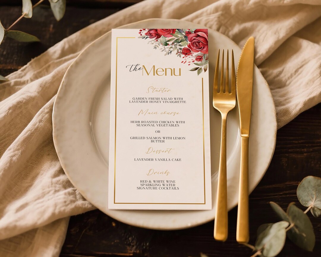 Editable Red Roses Wedding Menu Card Template| Floral Menu | Romantic ...