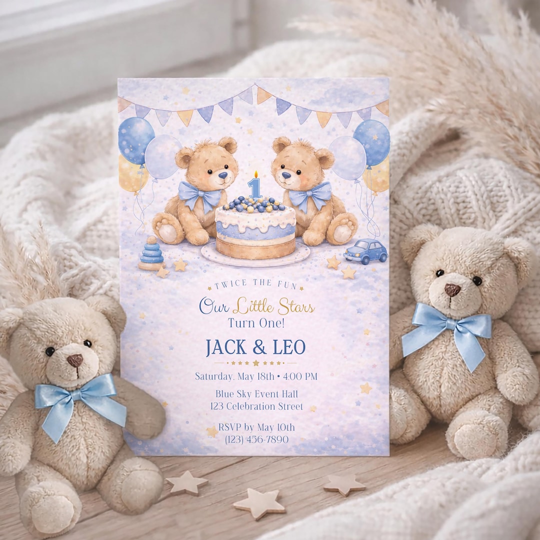 Twin Blue Teddy Bear Birthday Invitation Template | Editable Baby Boy ...