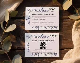 May include: Two RSVP cards with lavender floral borders. The cards prompt for acceptance or decline, entree choices, and a QR code for online RSVP. The text reads "Kindly Reply by April 10, 2026."