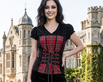 Vintage Early 2000s 00s Tripp NYC Red Plaid Corset Lace Up Shirt, Gothic Emo Mallgoth Whimsigoth Y2K Club Top XXL