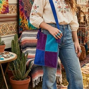 Vintage 1960s 1970s Suede Patchwork Fringe Shoulder Bag, Blue Purple Hippie Boho Festival Purse, Retro Groovy Rock Concert Woodstock