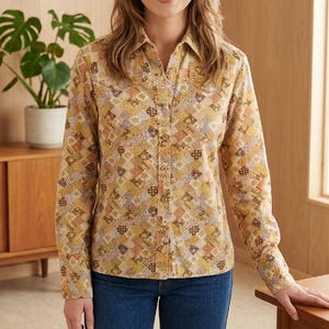 Vtg 70s patchwork calico print button down shirt, vintage 1970s prairie boho hippie cottagecore farm patch work long sleeve shirt