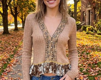 Vintage Y2K Hazel by Anthropologie Beaded Velvet Trim Fairy Cardigan, Coquette Romantic Whimsigoth Feminine Knit Sweater Top