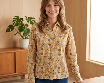 Vtg 70s patchwork calico print button down shirt, vintage 1970s prairie boho hippie cottagecore farm patch work long sleeve shirt
