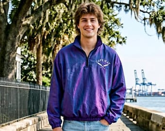 Vtg 90s Ocean East purple nylon pullover windbreaker, vintage 1990s purple rain wind pull over jacket, bright colorful jacket
