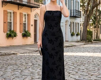 Vintage 90s Y2K Rampage Whimsigoth Floral Burnout Maxi Dress, Gothic Witchy Formal Gown, Spaghetti Strap 1990s Party Wear, Special Occasion