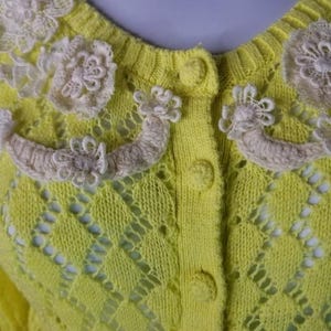 Y2K Anthropologie Little Yellow Bird Cardigan Sweater, Crochet Lace Applique Coquette Top, Twee Gilmore Girls Soft Girl Knit image 12