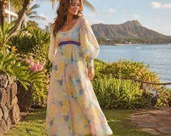 Vintage 1960s Emma Domb Floral Chiffon Hostess Maxi Dress Sheer Pastel Party Gown