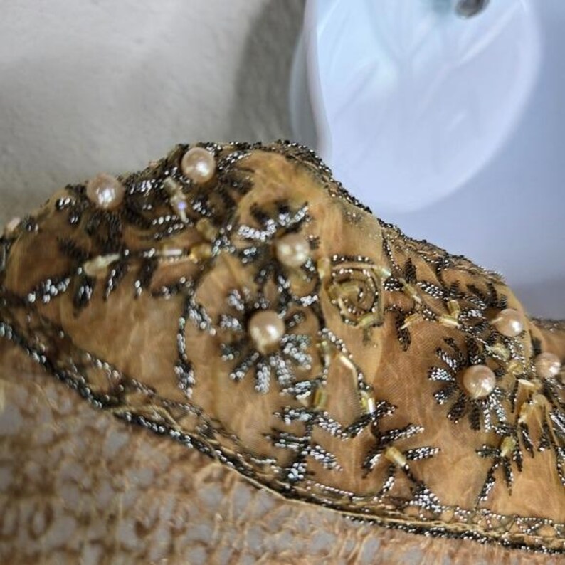 Peut inclure: Gros plan sur un v&ecirc;tement de couleur beige avec une broderie florale complexe. La broderie pr&eacute;sente des fils argent&eacute;s et brun fonc&eacute;, rehauss&eacute;s de petites perles rondes. Le tissu est d&eacute;licat et transparent.