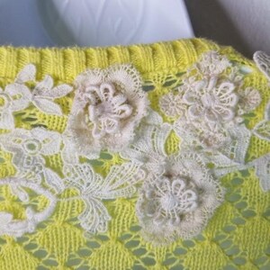 Y2K Anthropologie Little Yellow Bird Cardigan Sweater, Crochet Lace Applique Coquette Top, Twee Gilmore Girls Soft Girl Knit image 7