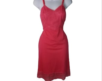 Vtg 50s Seampure lace fullslip lingerie dress, vintage 1950s pink red slip dress lingerie, lace and nylon full slip dress,boudoir slip dress