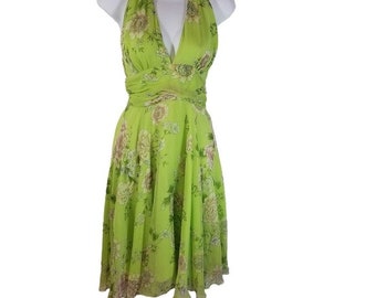 Vtg y2k green floral silk halter dress