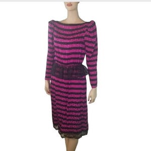 Vtg 80s striped polka dot silk puff sleeve ruffle peplum dress, vintage 1980s fuschia black silk lace peplum striped party cocktail dress