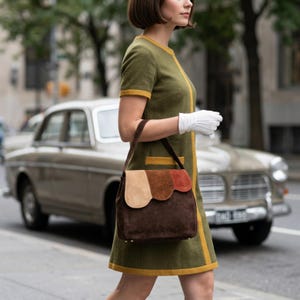 Vintage 60s Suede Patchwork Handbag, Earth Tone Shoulder Bag, Brown Mod Go-Go Purse, Boho Retro Fall Bag, Modernist Style