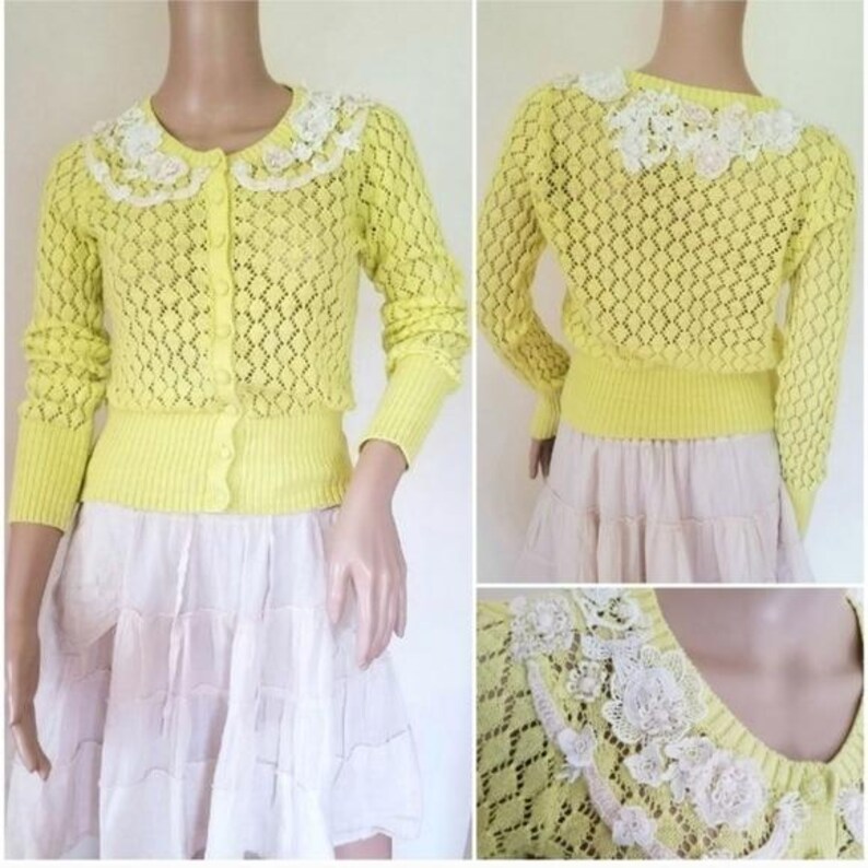 Y2K Anthropologie Little Yellow Bird Cardigan Sweater, Crochet Lace Applique Coquette Top, Twee Gilmore Girls Soft Girl Knit image 3
